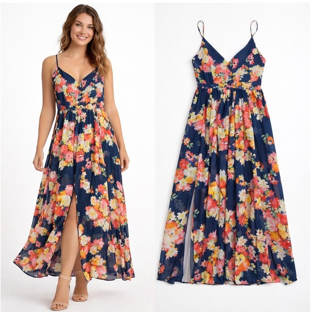 Crown & Ivy Floral Maxi Dress Women Navy Side Slit, Strappy, vacation